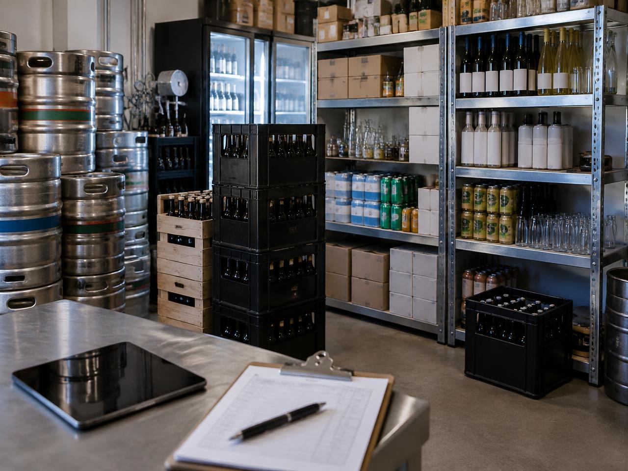 Organised pub stockroom with kegs, crates and a stock count clipboard